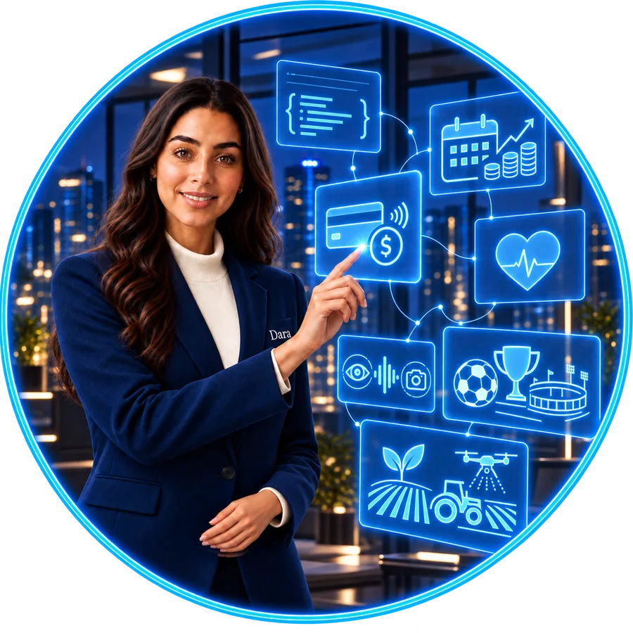 Dara, personagem do Ecossistema Dara, de blazer azul com bordado, apontando para uma malha holográfica azul com ícones de pagamentos, saúde, esportes, agro e tecnologia