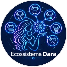 Logotipo circular do Ecossistema Dara, em linhas neon azuis e ciano sobre fundo azul profundo, com a silhueta da Dara e robôs orbitando